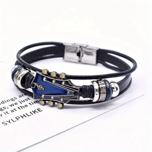 🎸New! Unisex Blue Enamel Guitar Head Stock Black PU Leather 8” Rope Bracelet - Picture 7 of 10